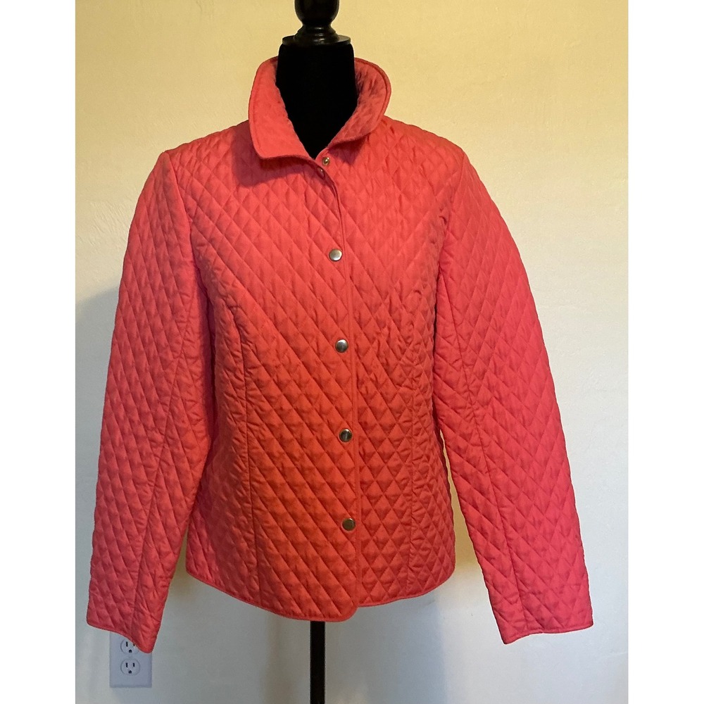 Tara Jones Womens Quilted Jacket Coral Pink Snap Front Floral Lined Size 14